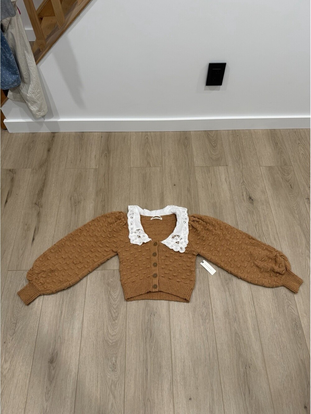 NWT Anthropologie Brown Cable Knit Lace Collar Cropped Cardigan Sweater Medium